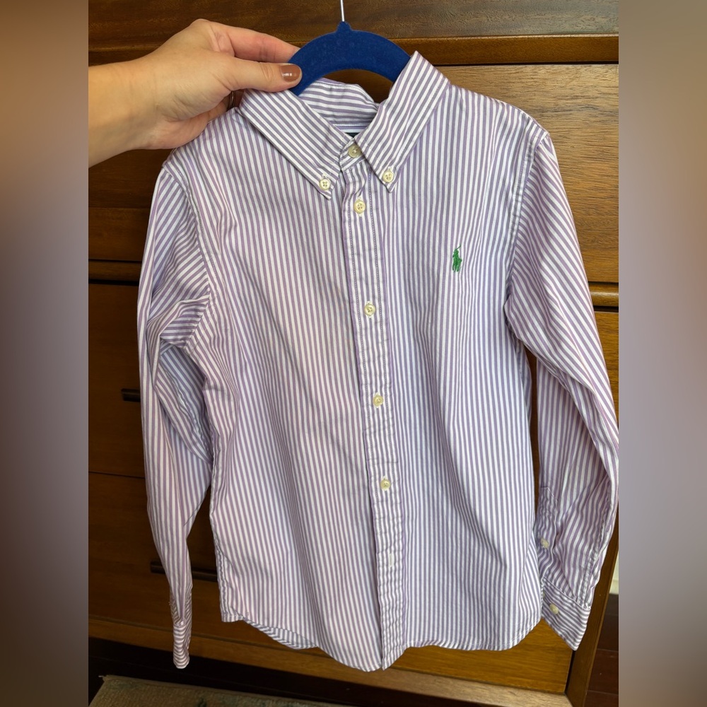 Ralph Lauren Cotton Shirt Boys Purple Striped Long Sleeve Button Classic Size 5